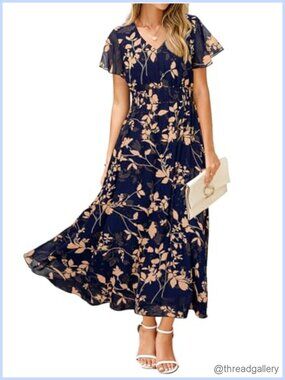 Womens Floral Maxi Dress Short Sleeve Boho Chiffon V Neck Flowy Summer